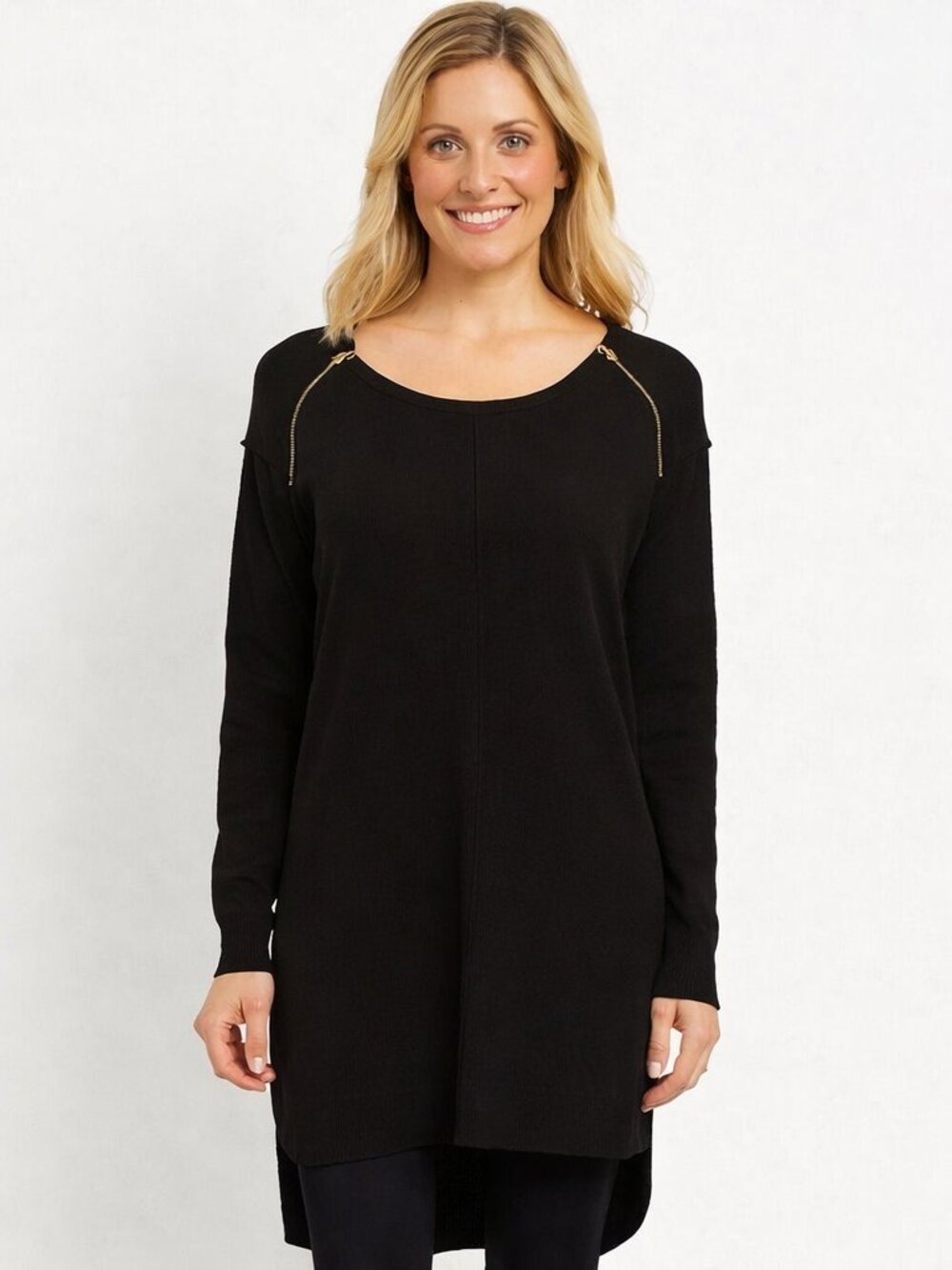 EUC French Connection Black Hi-Lo Sweater Dress | Gold Zipper Shoulder Detail |